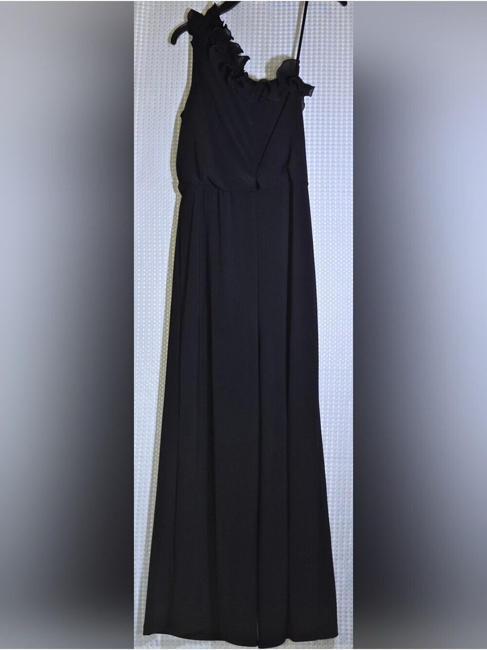 Adrianna Papell Black One-Shoulder Ruffle Wide Leg Jumpsuit Luxe Fashion Size 10 - Picture 4 of 15